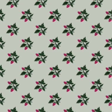 Freehand wild strawberry branch seamless pattern. Hand drawn wild berries floral wallpaper. Strawberry plant endless backdrop. For fabric, textile print, wrapping paper, cover. Vector illustration
