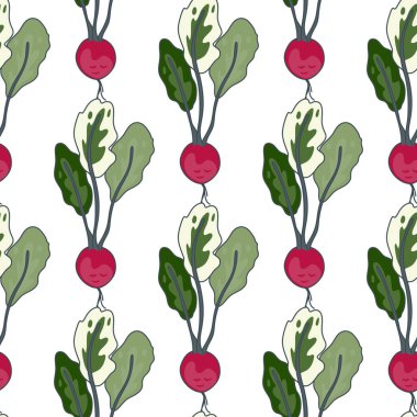 Vintage radish seamless pattern. Radish with leaves endless wallpaper. Vegetarian food backdrop. Design for fabric, textile print, wrapping paper. Vector illustration