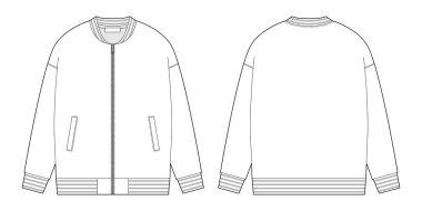 Technical sketch bomber jacket. Kids casual clothing design template. Front and back views. Vector CAD technical fashion illustration.