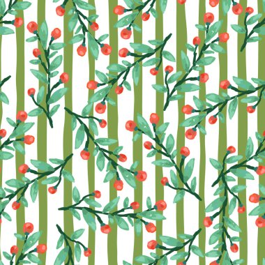 Seamless pattern with berry branches. Hand drawn wild berries floral wallpaper. Design for fabric, textile print, wrapping paper, cover. Vector illustration