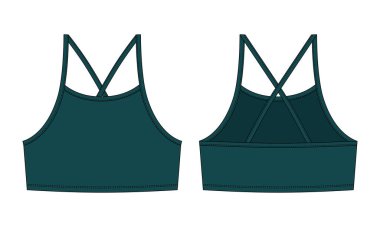 Girl bralette technical sketch. Dark green color. Women's top bra with straps underwear design template. Casual underclothing. Front and back views. Vector CAD design illustration