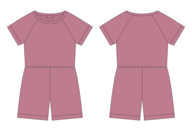 Cotton oversized raglan jumpsuit technical sketch. Pudra color. Women's romper design template. Casual underclothing. Front and back views. Vector CAD design illustration