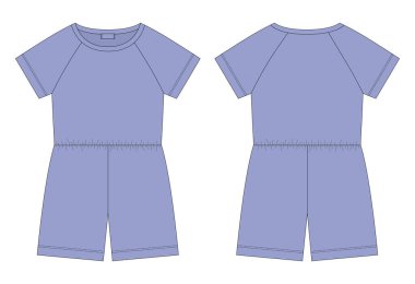 Cotton oversized raglan jumpsuit technical sketch. Cool blue color. Women's romper design template. Casual underclothing. Front and back views. Vector CAD design illustration