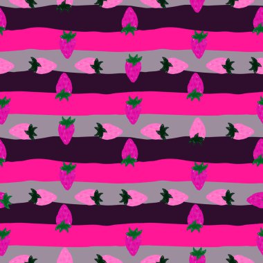 Freehand strawberries seamless pattern . Doodle strawberry endless wallpaper. Hand drawn fruits backdrop. Design for fabric, textile print, wrapping paper, kitchen textiles, cover. Vector illustration