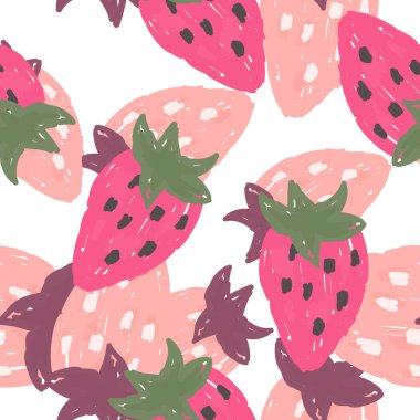 Freehand strawberries seamless pattern . Doodle strawberry endless wallpaper. Hand drawn fruits backdrop. Design for fabric, textile print, wrapping paper, kitchen textiles, cover. Vector illustration
