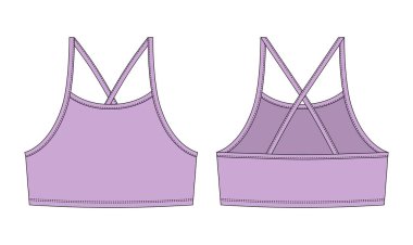 Girl bralette technical sketch. Pastel purple color. Women's top bra with straps underwear design template. Casual underclothing. Front and back views. Vector CAD design illustration