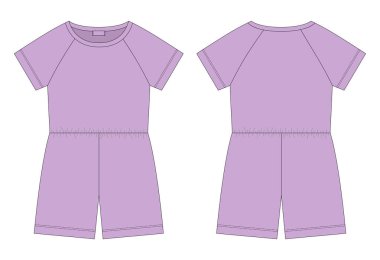 Cotton oversized raglan jumpsuit technical sketch. Pastel purple color. Women's romper design template. Casual underclothing. Front and back views. Vector CAD design illustration