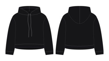 Women crop hoodie technical sketch. Black color. CAD mockup template hoody. Drawing kids clothes. Back and front view. Vector design for packaging, fashion catalog.