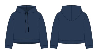 Women crop hoodie technical sketch. Dark blue color. CAD mockup template hoody. Drawing kids clothes. Back and front view. Vector design for packaging, fashion catalog.