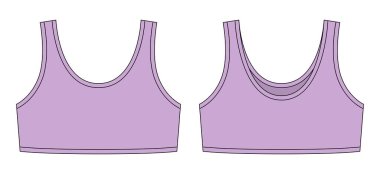 Girl bra technical sketch illustration. Pastel purple color. Casual underclothing. Women's yoga underwear design template. Front and back views. Vector CAD design