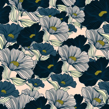 Abstract flower line seamless pattern. Delicate floral vintage outline endless background. Retro style. Design for fabric, textile print, wrapping, cover. Vector illustration
