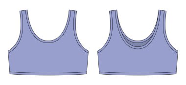 Girl bra technical sketch illustration. Cool blue color. Casual underclothing. Women's yoga underwear design template. Front and back views. Vector CAD design