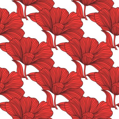 Abstract floral line seamless pattern in retro style. Delicate vintage outline flower endless background. Design for fabric, textile print, wrapping, cover. Vector illustration