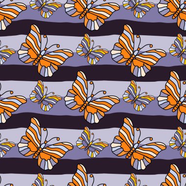 Seamless pattern with stylized butterflies. Vector illustration in doodle style. Design for fabric, textile print, wrapping paper, cover, poster.
