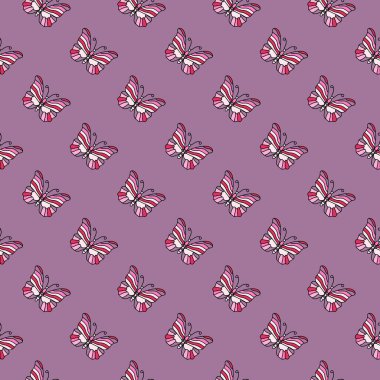 Seamless pattern with stylized butterflies. Vector illustration in doodle style. Design for fabric, textile print, wrapping paper, cover, poster.