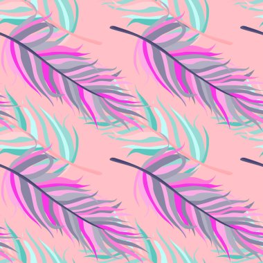 Seamless pattern with feathers. Abstract tropical palm leaves. Design for fabric, textile print, wrapping paper, cover. Vector illustration