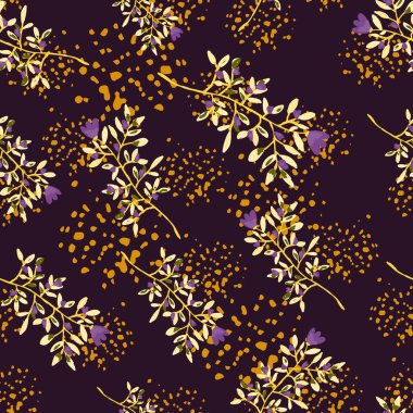 Decorative forest flower endless wallpaper. Hand drawn herbal seamless pattern. Freehand organic background. Design for fabric, textile print, wrapping, cover. Vector illustration.