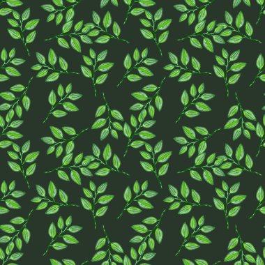 Freehand branches with leaves seamless pattern. Hand drawn organic background. Decorative forest leaf endless wallpaper. Design for fabric, textile print, wrapping, cover. Vector illustration.