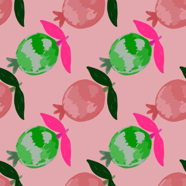 Hand drawn pomegranate fruit seamless pattern. Botanical fruits wallpaper. Decorative backdrop for fabric design, textile print, kitchen textiles, wrapping paper, cover. Doodle vector illustration