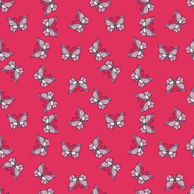 Seamless pattern with stylized butterflies. Vector illustration in doodle style. Design for fabric, textile print, wrapping paper, cover, poster.