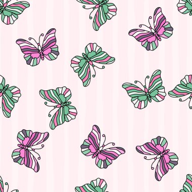 Seamless pattern with stylized butterflies. Vector illustration in doodle style. Design for fabric, textile print, wrapping paper, cover, poster.