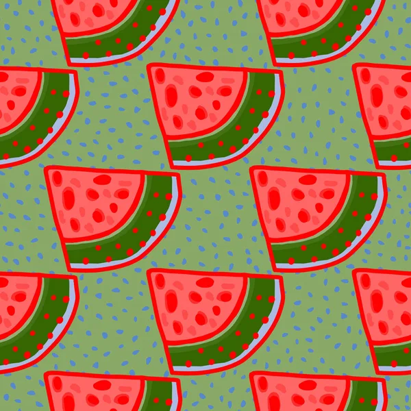 手描きスイカスライスシームレスパターン 面白い果物の背景 テキスタイルプリント ラッピング カバーのための食品デザイン ベクターイラスト — ストックベクタ