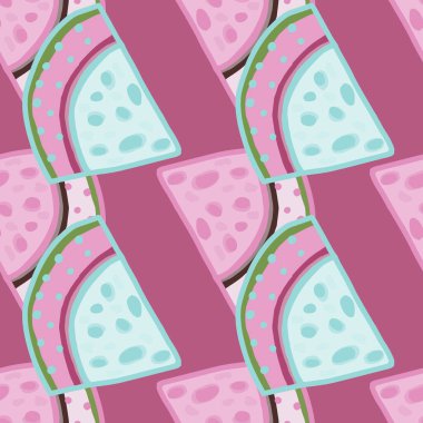 Elle çizilmiş karpuz dilimleri pürüzsüz desen. Komik meyve arkaplanı. Kumaş, tekstil baskısı, ambalaj, kapak için gıda tasarımı. Vektör illüstrasyonu