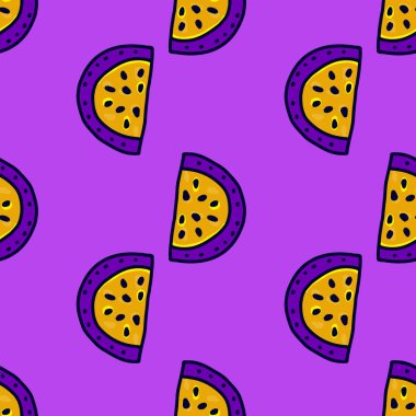 Karpuz dilimleriyle kusursuz desen. Tatlı meyve arkaplanı. Kumaş, tekstil baskısı, ambalaj, kapak için gıda tasarımı. Vektör illüstrasyonu