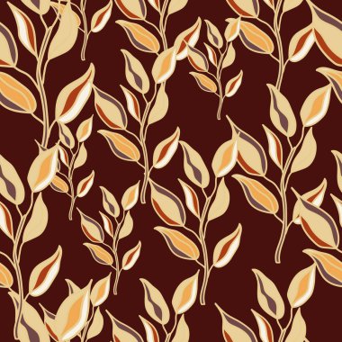 Yapraklı kusursuz desenli dallar. Organik arka plan. Dekoratif orman yaprağı sonsuz duvar kağıdı. Kumaş, tekstil baskısı, ambalaj, kapak tasarımı. Vektör illüstrasyonu.