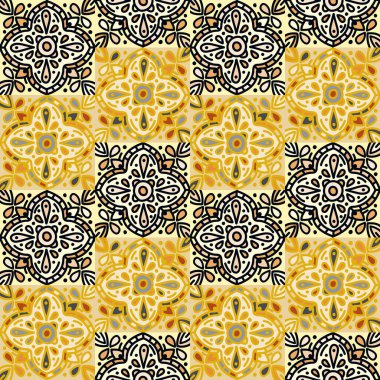 Seamless pattern with mandalas mosaic. Abstract geometric ornamental wallpaper. Vintage decorative tile. Retro design for fabric, textile print, wrapping paper, cover.