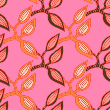 Dekoratif yapraklı kusursuz desen. El yapımı egzotik botanik doku. Çizim orman yaprağı, dikişsiz duvar kağıdı. Vektör çiçekli arka plan. Kumaş, tekstil baskısı, ambalaj, kapak için tasarım