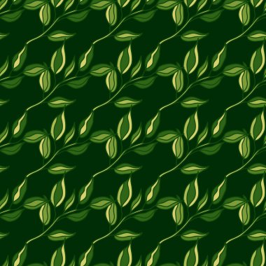 Yapraklı kusursuz desenli dallar. Organik arka plan. Dekoratif orman yaprağı sonsuz duvar kağıdı. Kumaş, tekstil baskısı, ambalaj, kapak tasarımı. Vektör illüstrasyonu.