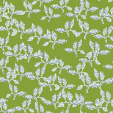 Dekoratif yapraklı kusursuz desen. El yapımı egzotik botanik doku. Çizim orman yaprağı, dikişsiz duvar kağıdı. Vektör çiçekli arka plan. Kumaş, tekstil baskısı, ambalaj, kapak için tasarım