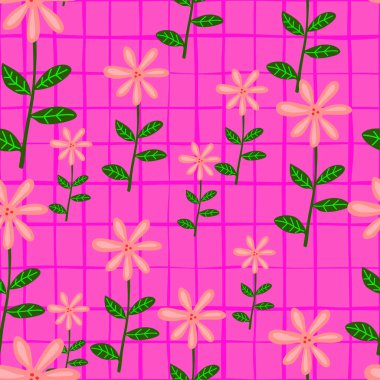 Sevimli çiçek desenli. Saf sanat tarzı. El çizimi, bitmeyen çiçek arkaplanı. Kumaş, tekstil baskısı, ambalaj ve kapak için basit tasarım. Vektör illüstrasyonu