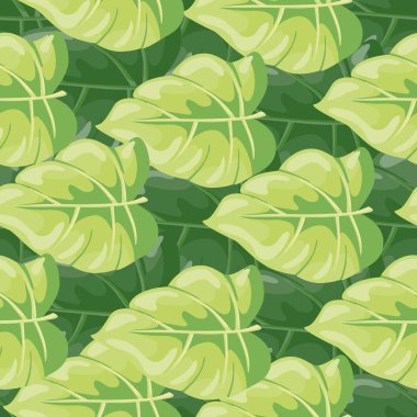 Stilize tropikal yapraklar pürüzsüz desen. Dekoratif yaprak arka planı. Modern egzotik orman bitkileri sınırsız duvar kağıdı. Hawaii yağmur ormanları çiçek arkaplanı. Vektör illüstrasyonu
