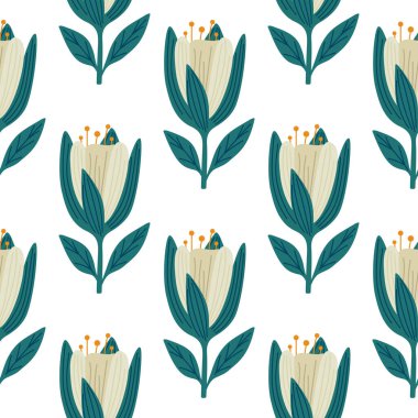 Sevimli lale çiçeğinin dikişsiz deseni. Vahşi çiçek botanik tasarımı. Dekoratif çiçek süsü duvar kağıdı. Kumaş tasarımı, tekstil baskısı, ambalaj için. Retro vektör illüstrasyonu