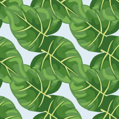 Stilize tropikal yapraklar pürüzsüz desen. Dekoratif yaprak arka planı. Modern egzotik orman bitkileri sınırsız duvar kağıdı. Hawaii yağmur ormanları çiçek arkaplanı. Vektör illüstrasyonu