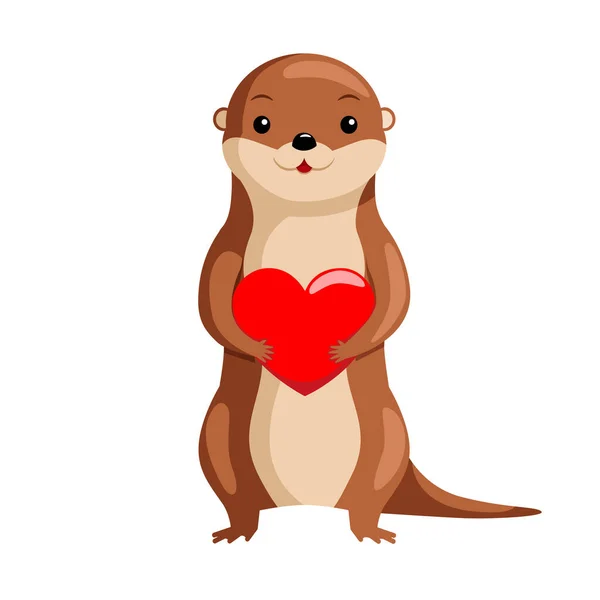 Leuke Otter Met Een Groot Rood Hart Dier Karakter Valentijnsdag — Stockvector