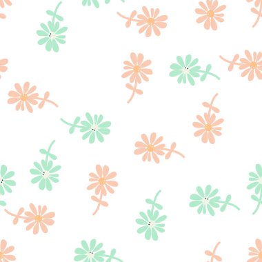 Papatya çiçeği saf sanat tarzında kusursuz bir desen. Şirin küçük papatya çiçekli duvar kâğıdı. Kumaş, tekstil baskısı, ambalaj ve kapak için basit tasarım. Vektör illüstrasyonu