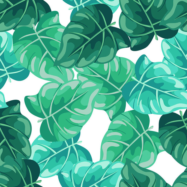 Stylized tropical leaves seamless pattern. Decorative leaf background. Modern exotic jungle plants endless wallpaper. Hawaiian rainforest floral backdrop. Vector illustration