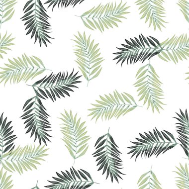 Soyut egzotik bitkilerin kusursuz desenleri. Tropik palmiye yaprakları deseni. Eğrelti otu yaprağı duvar kağıdı. Botanik doku. Çiçek arkaplan. Kumaş, tekstil baskısı, ambalaj, kapak tasarımı. Vektör illüstrasyonu