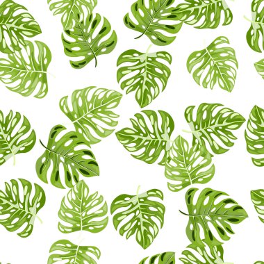 Stilize edilmiş canavar kusursuz bir iz bırakır. Yaprak arkaplan. Hawaii yağmur ormanları çiçek arkaplanı. Egzotik orman bitkileri sonsuz duvar kağıtları. Vektör illüstrasyonu