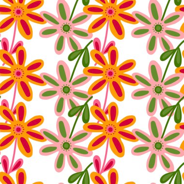 Elle çizilmiş çiçek duvar kağıdı. Sevimli çiçek desenli. Saf sanat tarzı. Kumaş, tekstil baskısı, ambalaj ve kapak için basit tasarım. Vektör illüstrasyonu