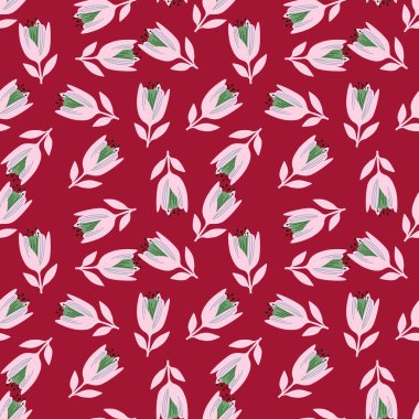 Sevimli lale çiçeğinin dikişsiz deseni. Vahşi çiçek botanik tasarımı. Dekoratif çiçek süsü duvar kağıdı. Kumaş tasarımı, tekstil baskısı, ambalaj için. Retro vektör illüstrasyonu