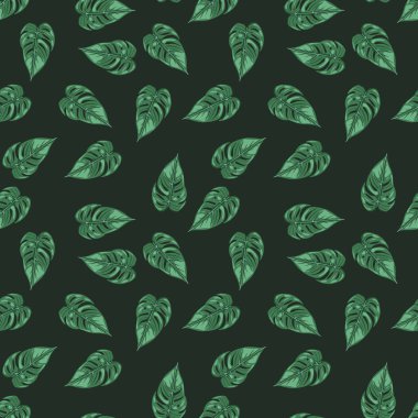 Orman yaprağı dikişsiz duvar kağıdı. Dekoratif tropikal palmiye pürüzsüz izler bırakır. Egzotik botanik doku. Çiçek arkaplan. Kumaş, tekstil baskısı, ambalaj, kapak tasarımı. Vektör illüstrasyonu