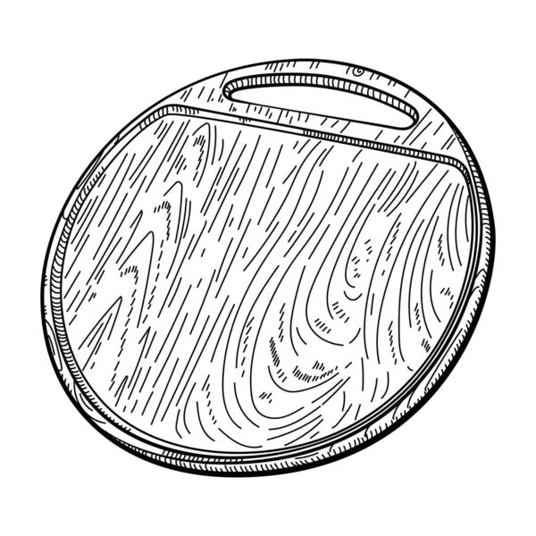 Tagliere Rotondo Disegnato Mano Legno Con Manico Isolato Bianco Utensili — Vettoriale Stock