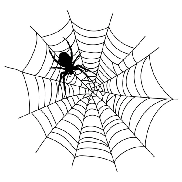 Scary Black Spider Web Isolated White Spooky Halloween Decoration Outline — Stock Vector