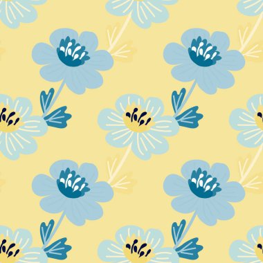 Basit bir papatya çiçeği deseni. Dekoratif saf botanik duvar kağıdı. Sevimli, stilize çiçek arka planı. Kumaş tasarımı, tekstil baskısı, ambalaj kağıdı, kapak için. Vektör illüstrasyonu