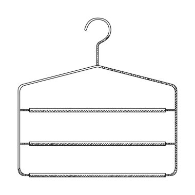 Pantolon için elbise askısı taslağı. Antika oymalı mandallı metal elbise askısı. Ön manzara. Beyaz arka planda izole edilmiş. Vektör illüstrasyonu