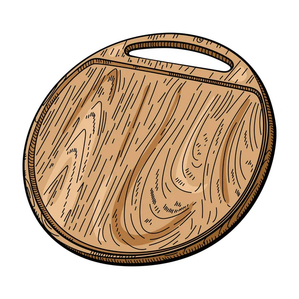 Ręcznie Rysowane Okrągłe Cięcie Deski Drewnianej Uchwytem Szkic Naczyń Kuchennych — Wektor stockowy